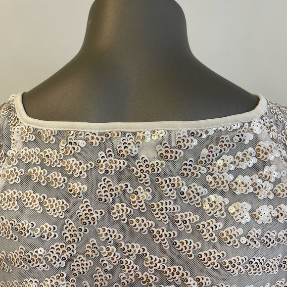 Express Top Women’s M Ivory Sequin Blouse Puff Sleeve Sheer Gold Square Neck - Picture 8 of 11
